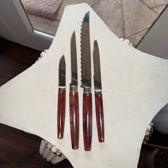 Regent Sheffield Bakelite Marbled Handle Knife Set 4 Stainless Steel UK England - Picture 1 of 13